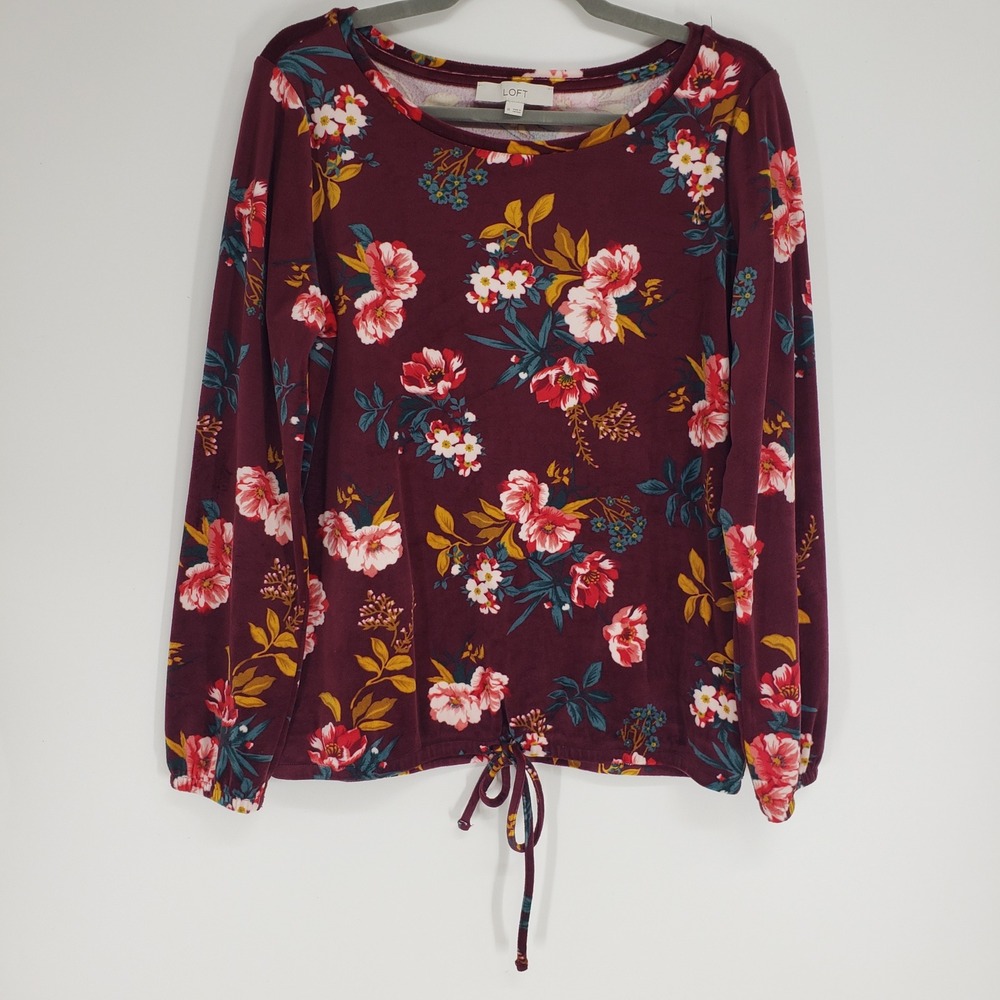 LOFT Floral Velour Drawstring Hem Top Women Size M Burgundy Long Sleeve Blouse